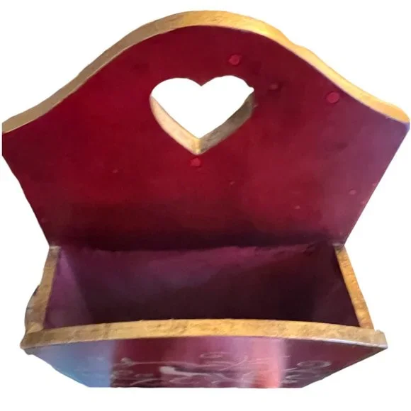 Handpainted Wooden Mail Caddy Heart Cutout Scalloped Edge Attached Hangers 18" T - Picture 8 of 12